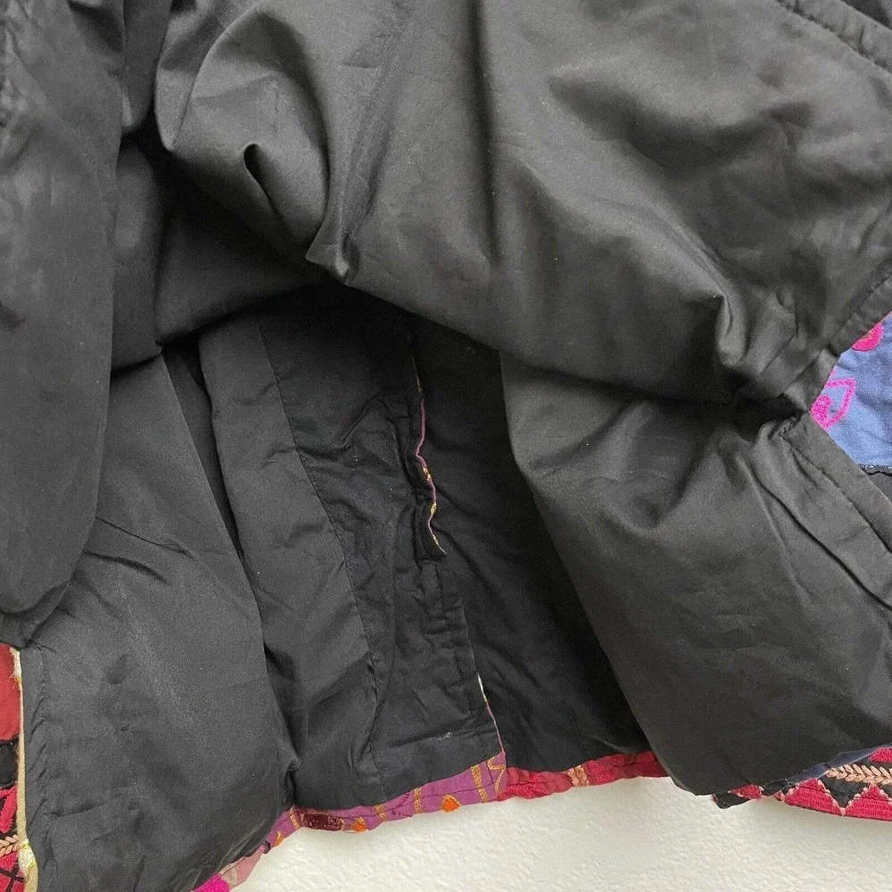 Anu by Natural Floral Jacket Large Womens Black Pink Embroidered Boho Patchwork